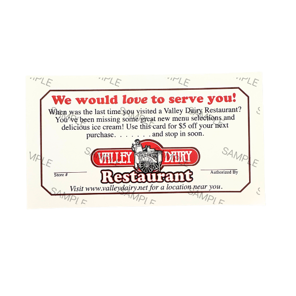 WE WOULD LOVE TO SERVE YOU $5 CARD