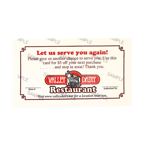 LET US SERVE YOU AGAIN $5 CARD