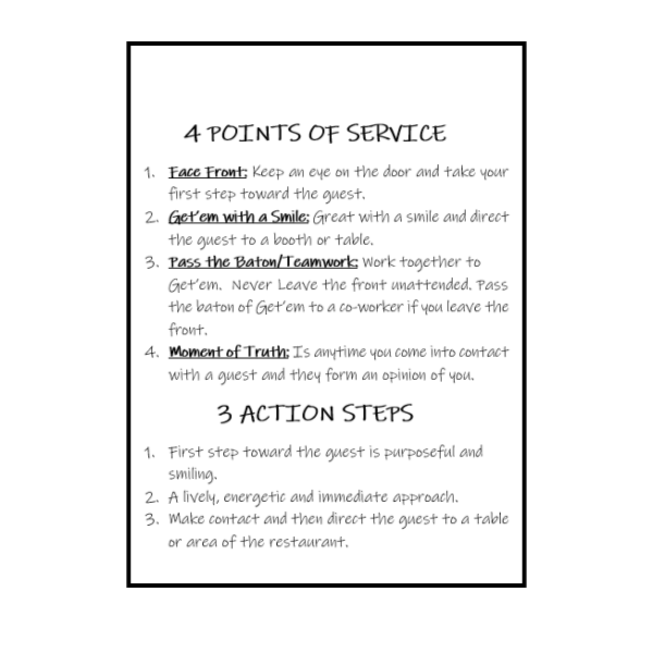 SERVER'S POINTS OF SERVICE CARD